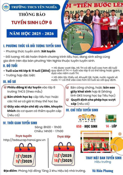 Kế hoạch tuyển sinh vào lớp 6 năm học 2025-2026